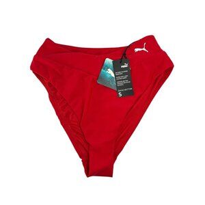 PUMA Bikini Bottoms Sz S Red White Logo High Rise Swimwear Recycled Nylon Blend